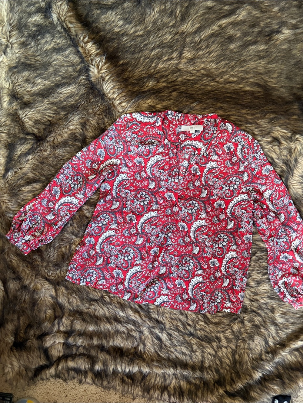 LOFT Red Paisley V-Split Neck Long Sleeve Blouse Boho Size Large